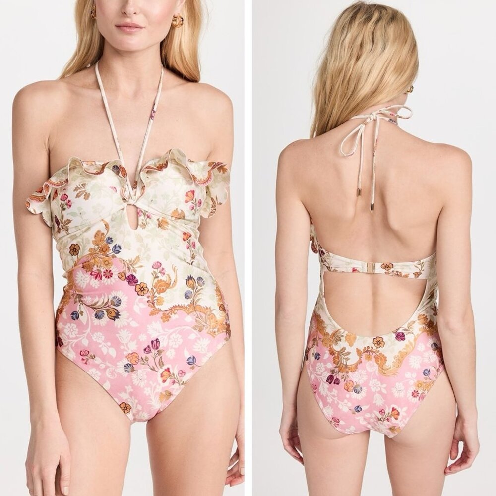 Zimmermann Laurel Wire Frill Halter One Piece Pink Floral Swimsuit Size 2 US 8 - Picture 1 of 11
